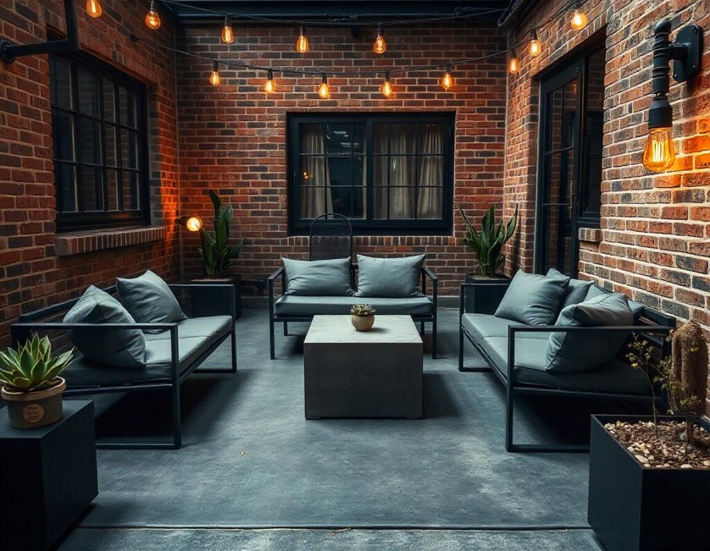 Industrial-Style Concrete Patio with Metal Furniture backyard concrete patio design idea 4