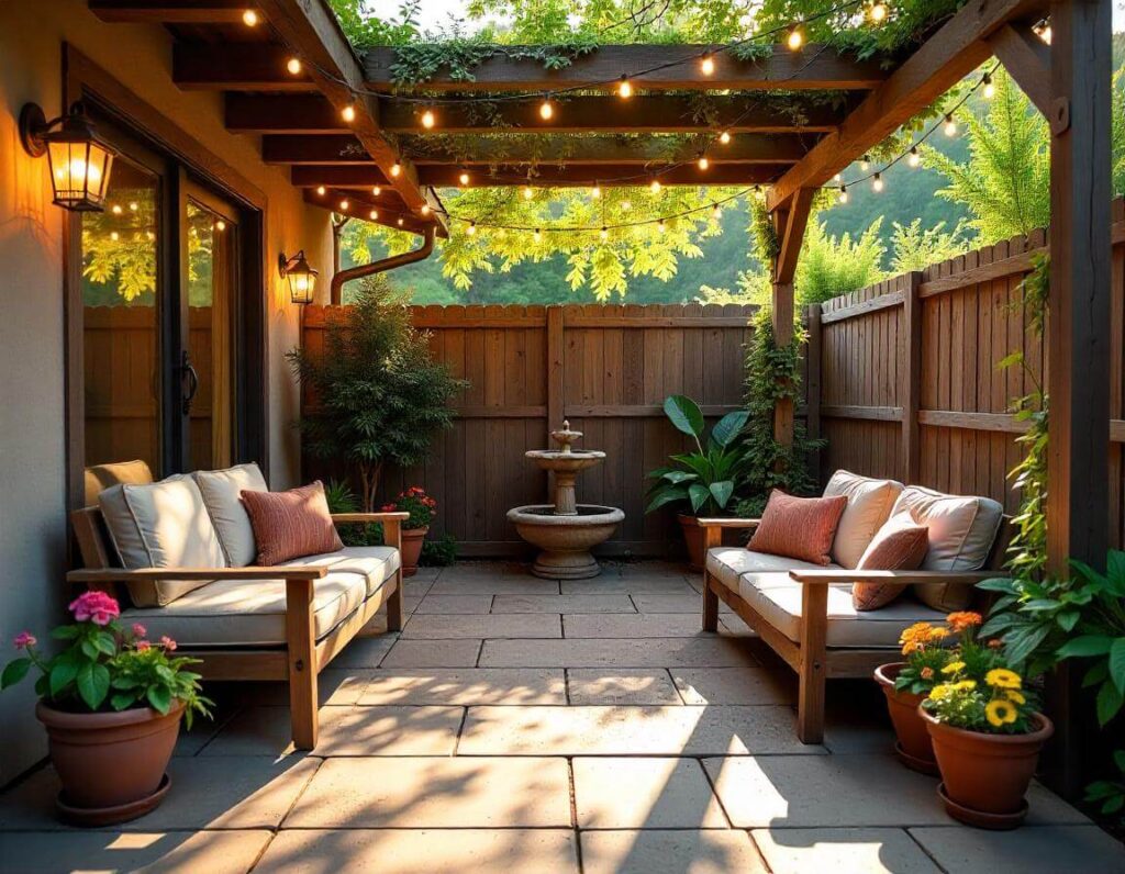 Rustic-Concrete-Patio-with-Wooden-Pergola-backyad-concrete-patio-design-idea-2