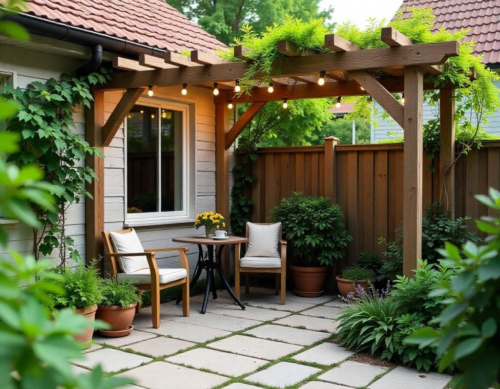 Compact-Stone-Patio-with-DIY-Pergola-design-idea-11