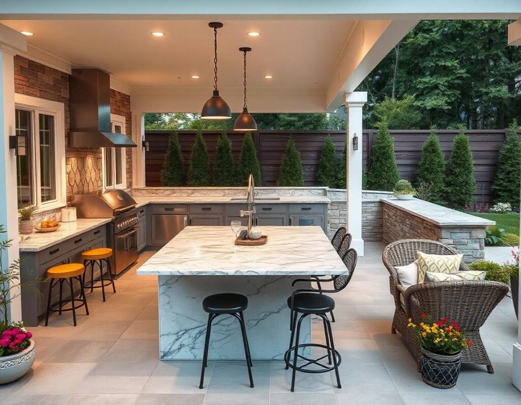 Elegant-Patio-Kitchen-with-Granite-Island-design-idea-18