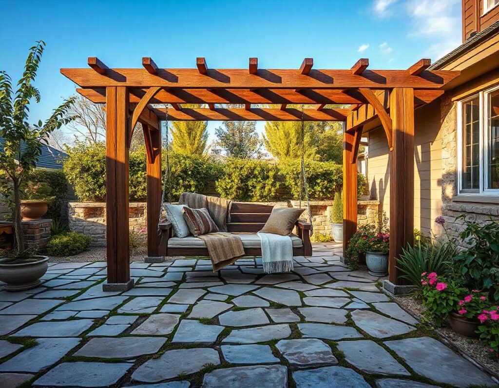 Flagstone-Patio-with-Pergola-and-Swing-design-idea-8