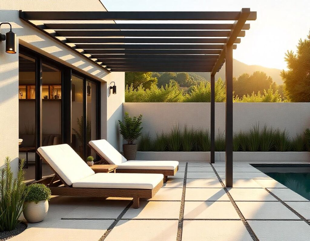 Minimalist-Stone-Patio-with-Metal-Pergola-and-Lounge-Chairs-design-idea-17