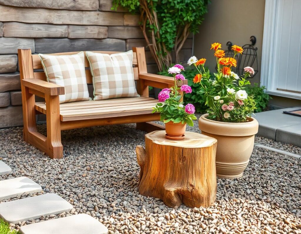 Mulch-Patio-with-Rustic-Bench-budget-design-idea-7