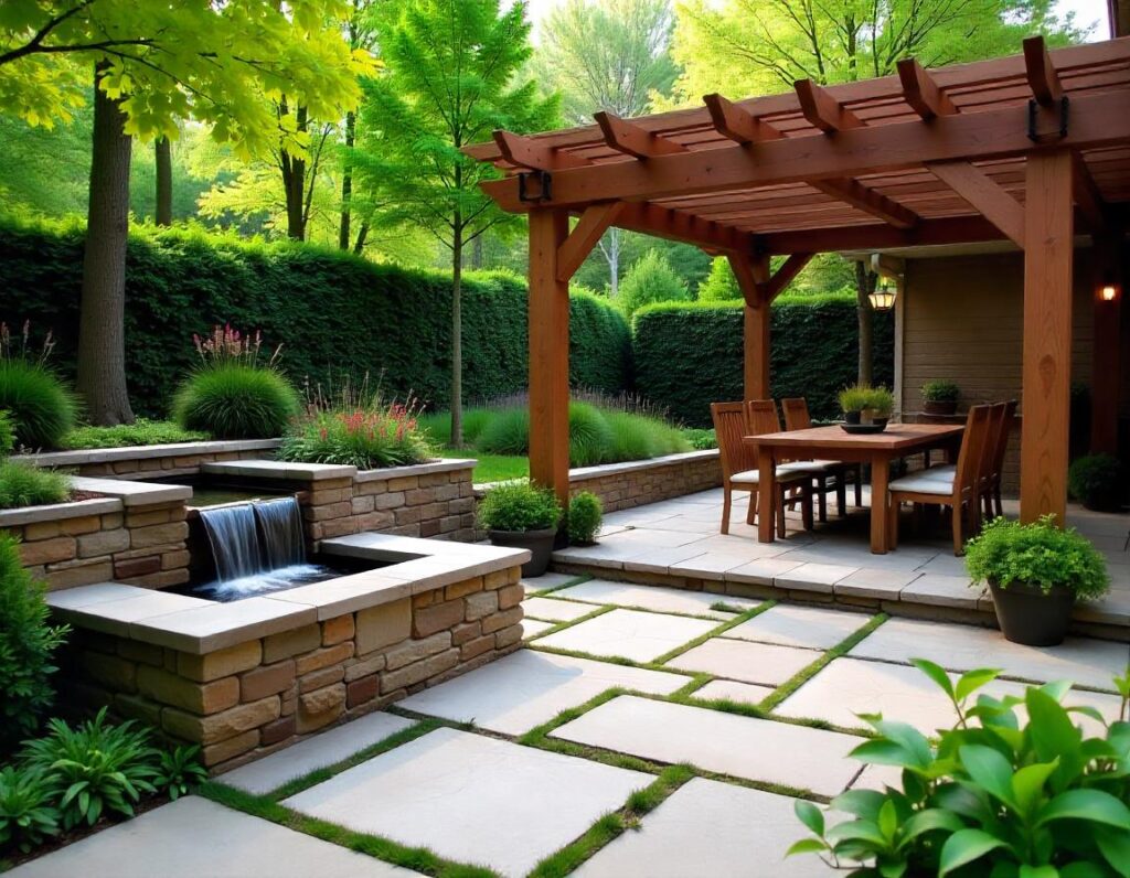 Raised-Stone-Patio-with-Pergola-and-Water-Feature-design-idea-12