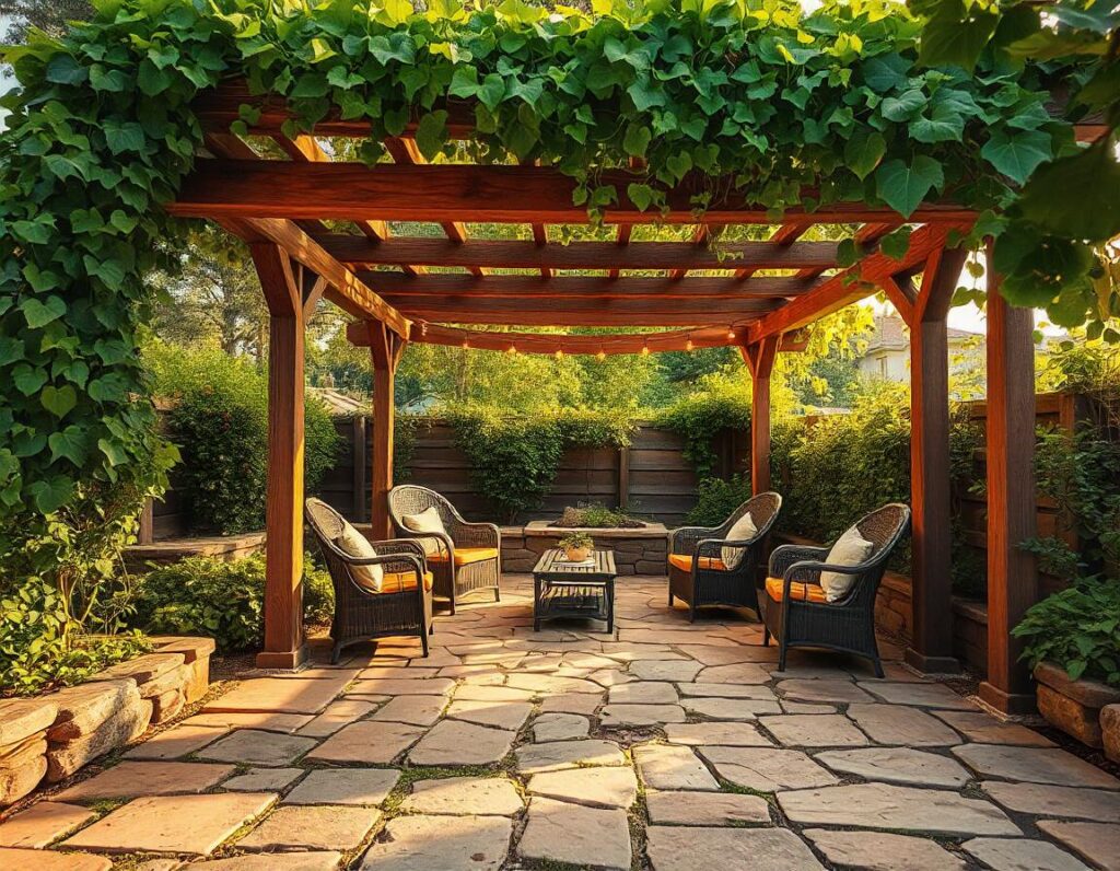 Rustic-Flagstone-Patio-with-Wooden-Pergola-design-idea-1