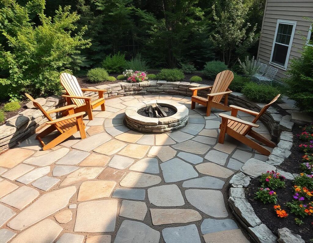 Rustic-Flagstone-Patio-with-Wooden-Seating-design-idea-1