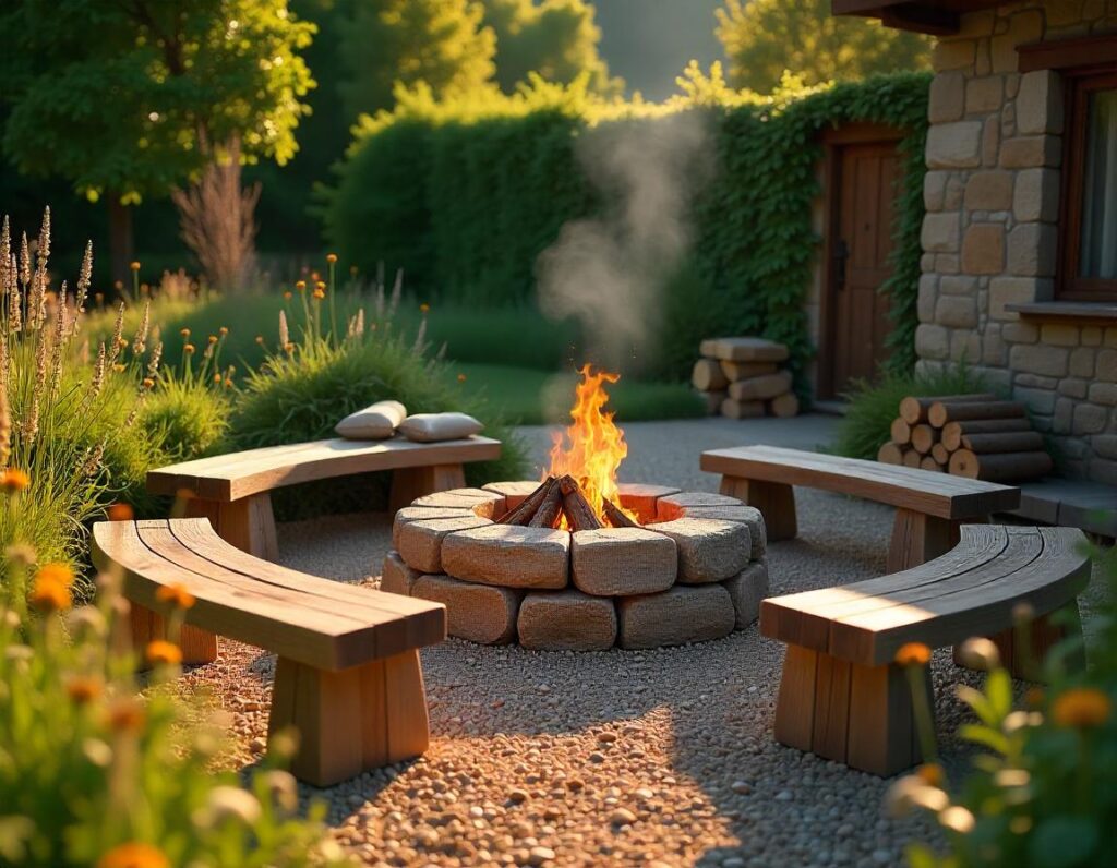 Rustic-Patio-with-a-Fire-Pit-and-Wooden-Seating-design-idea-3