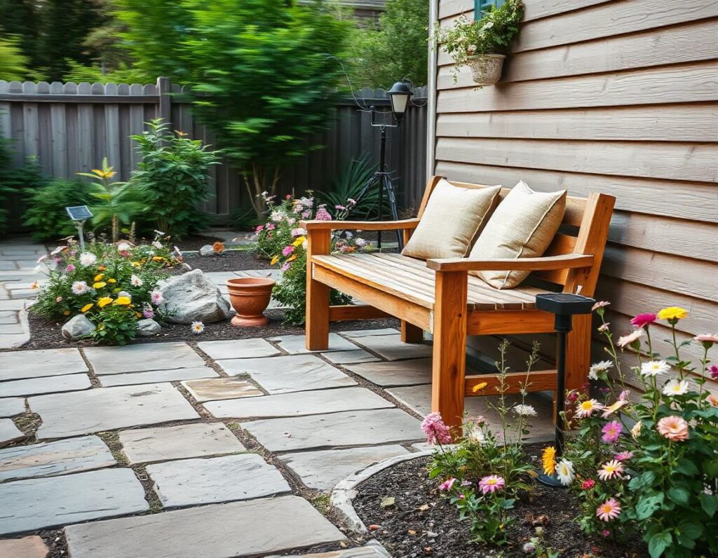 Stone-Slab-Patio-with-DIY-Bench-budget-design-idea-19